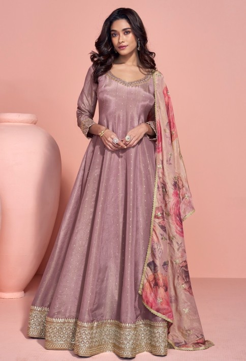 DULL MAUVE DESIGNER EMBROIDERED PURE JACQUARD SILK ANARKALI SUIT